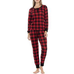 BearPaw L Red Black Soft Cozy Buffalo Plaid Henley Long Sleeve Pants PJ Set
